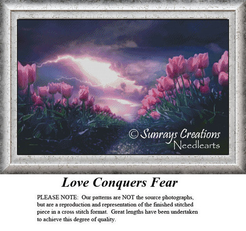 Rows of wine-colored tulips stand tall against a stormy sky, yours to stitch as a counted cross stitch chart!