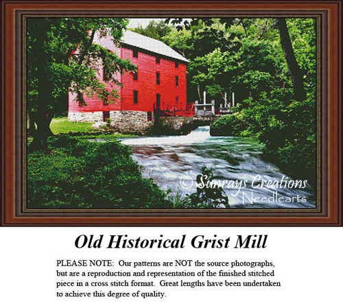 A bright red grist mill sits by a flowing stream, surrounded by lush green trees, offered as a counted cross stitch kit for serene landscapes.
