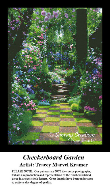 A lush garden path meanders through vibrant flowers in blue, violet, white, and pink, framed by greenery in this large cross stitch pattern.