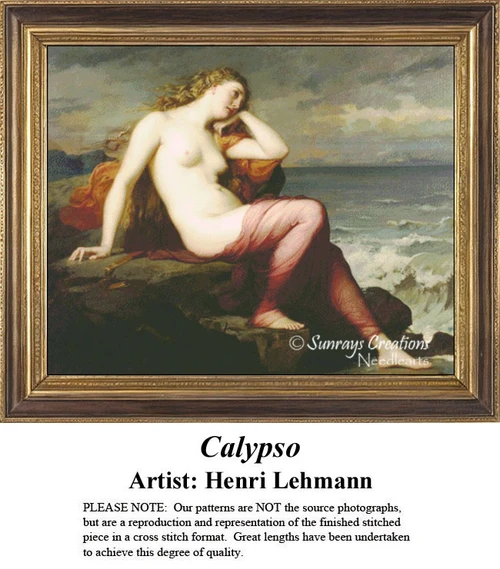 A woman reclines on a rock beside the ocean, looking forlorn, waiting as your next cross stitch project in a counted cross stitch design.