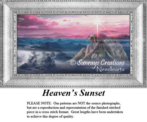 An angel rests by a sunset in coral and pink hues, depicted as a counted cross stitch kit by Sunrays Creations, surrounded by gentle clouds.