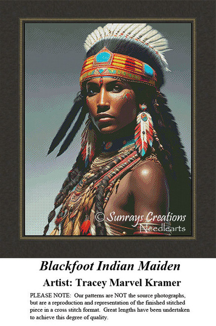 A young Blackfoot Indian woman in traditional ceremonial clothing, presented as a counted xstitch pattern, radiates pride with a confident expression.