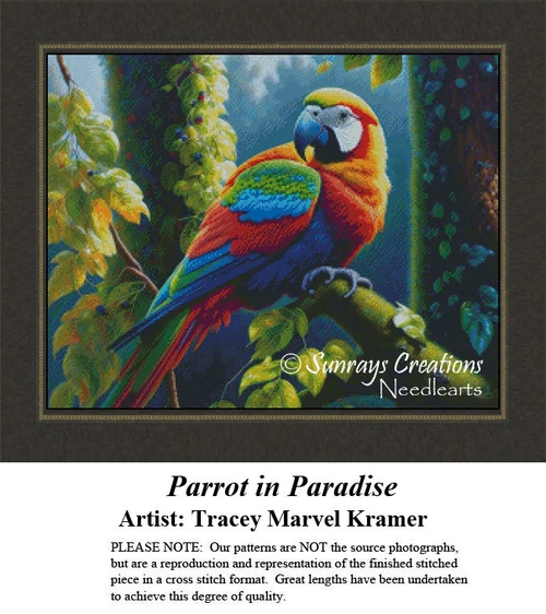 A colorful parrot perched on a branch in a lush tropical rainforest, designed as an xstitch chart by Tracey Marvel Kramer.