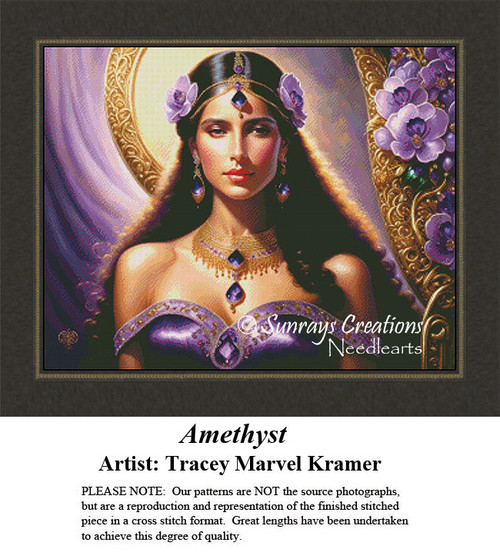 A woman with long dark hair adorned with amethyst jewelry and flowers, is framed by a luminous background in this large counted cross stitch design.