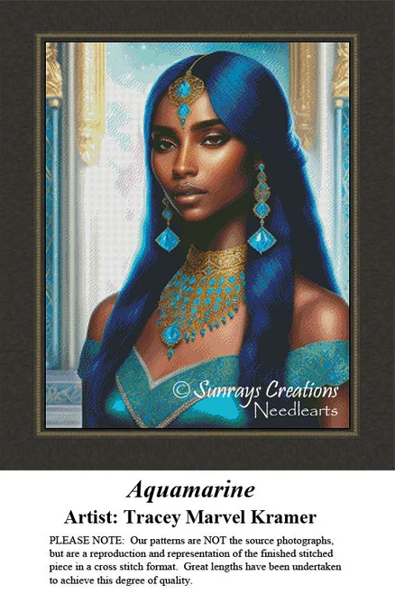 A model with long, dark hair wears a vibrant blue dress and aquamarine jewelry, ready to begin a cross stitch project inspired by the gemstone.
