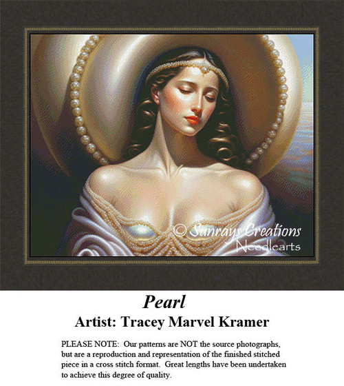 A woman poses inside a large oyster shell lined with pearls, reimagined as a counted cross stitch pattern.