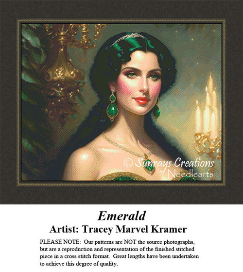 A woman with long dark hair and emerald earrings gazes confidently, brought to life as a counted cross stitch pattern for you as a counted cross.