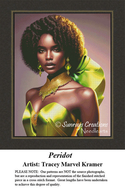 A woman with voluminous curly hair wears a vibrant green dress and matching jewelry, shown in a counted cross stitch pattern titled Peridot.