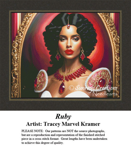 A woman with dark, curly hair wears ruby jewelry and red lips, framed as a counted cross stitch chart.