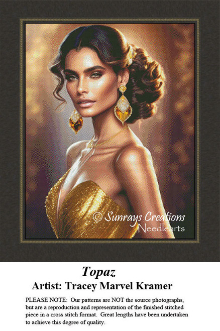A woman with wavy hair wears a gold dress and large yellow gemstone earrings, designed as a cross stitch chart titled Topaz by Tracey Marvel Kramer.