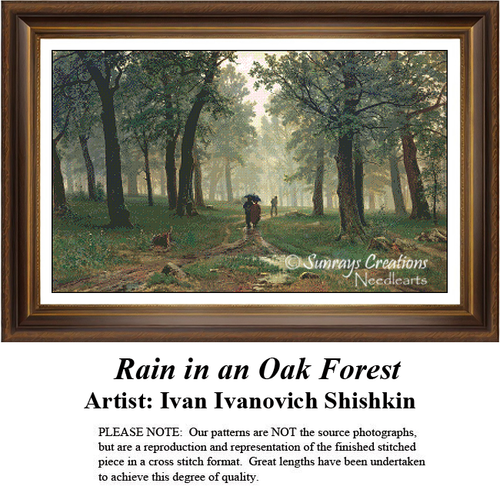 A detailed counted cross-stitch pattern preview of Ivan Ivanovich Shishkin's Russian Realist masterpiece, "Rain in an Oak Forest." The atmospheric scene depicts people with umbrellas strolling through a majestic oak grove on a rainy, mist-filled woodland path under soft, ambient light.