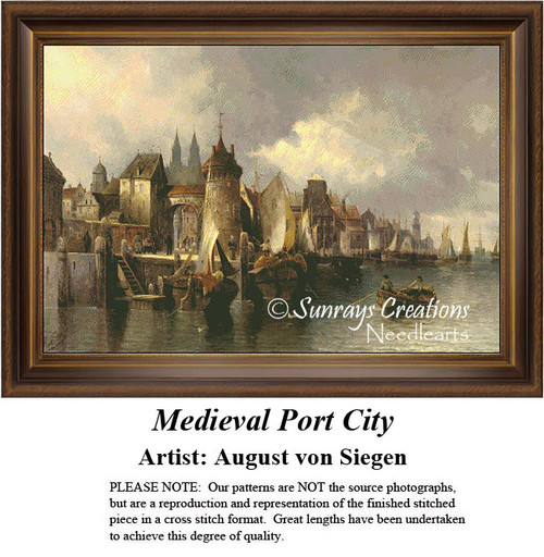 An ancient port city with buildings in earth tones and sunlight, fishermen in boats and people on shore, brought to life as a counted cross stitch.