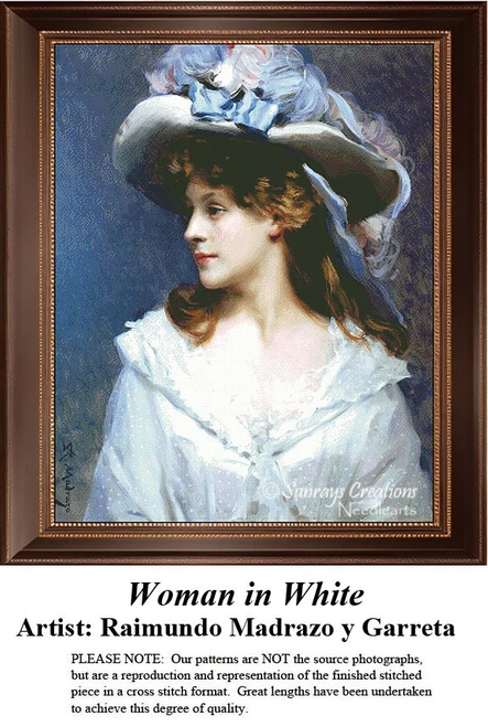 A woman in a lavish Rococo dress and large beribboned hat is transformed into a counted cross stitch pattern by Raimundo Madrazo y Garreta.