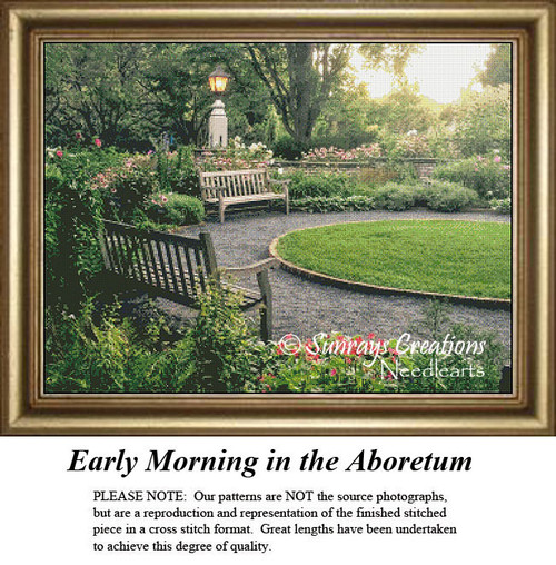A serene garden scene with park benches, a lamp post, and neatly trimmed grass, designed as a counted cross stitch design for tranquil moments.