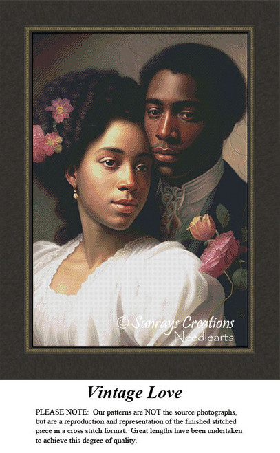 A couple gazes lovingly at each other; the woman wears voluminous curls adorned with pink flowers, sporting a white cotton gown in this cross stitch