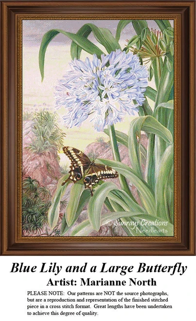 A large Agapanthus lily with a swallowtail butterfly resting on its leaves, designed as a cross stitch design by Marianne North.