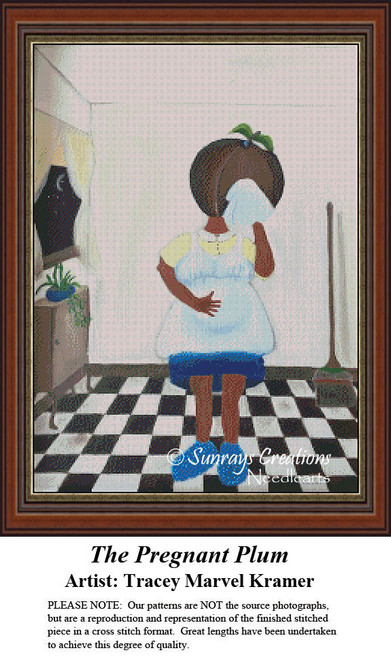 A sad plum stands with her hand on her cheek, depicted as a counted cross stitch pattern, perfect for your next cross stitch project.