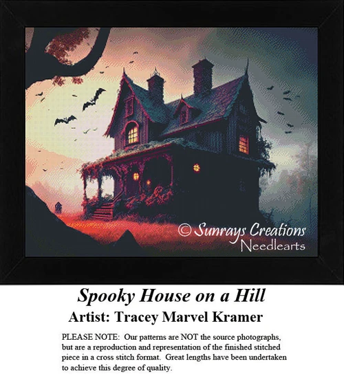A spooky house sits on a hill with glowing windows and bats flying in the dusk sky, available as a PDF pattern for cross stitch projects.
