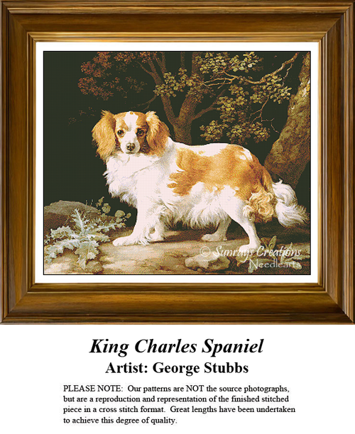 A detailed counted cross-stitch pattern preview of George Stubbs' oil painting, "King Charles Spaniel." The 18th-century British portraiture design features a silky toy spaniel resting in a natural landscape, posing with quiet devotion under soft outdoor light.