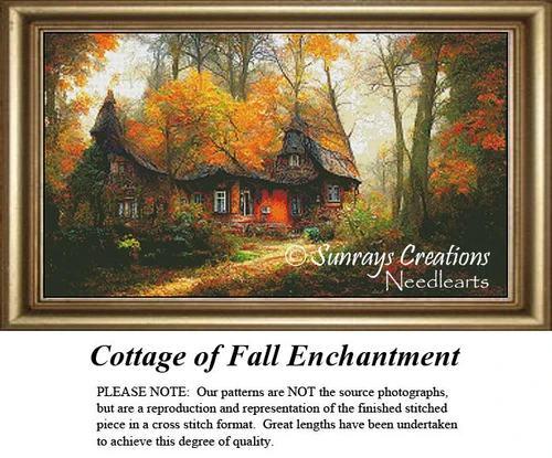A quaint cottage nestled among vibrant autumn trees, with rich reds, golds, and greens surrounding it in this xstitch pattern.