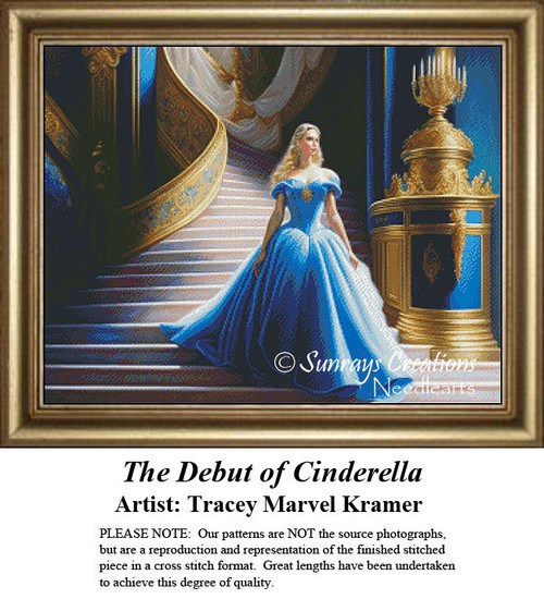 Cinderella in a cerulean blue gown stands thoughtfully on a grand staircase, ready to attend the ball in this xstitch design by Tracey Marvel Kramer.