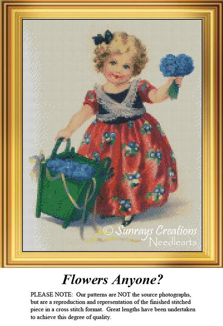A cheerful girl with blond curls carries a green container filled with blue flowers, ready to share her floral bounty, featured as a digital pattern.