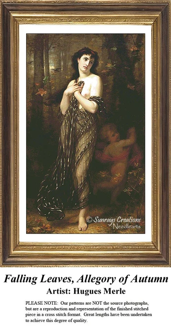 A woman stands in a forest of autumn leaves, composing a counted cross stitch pattern from Hugues Merle's Falling Leaves, Allegory of Autumn.