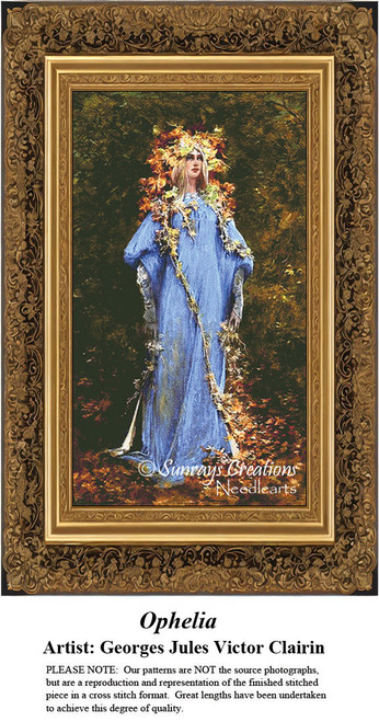 Ophelia, a woman in a flowing blue gown adorned with nettles, walks among autumn leaves, designed as a counted xstitch kit by Georges Jules Victor