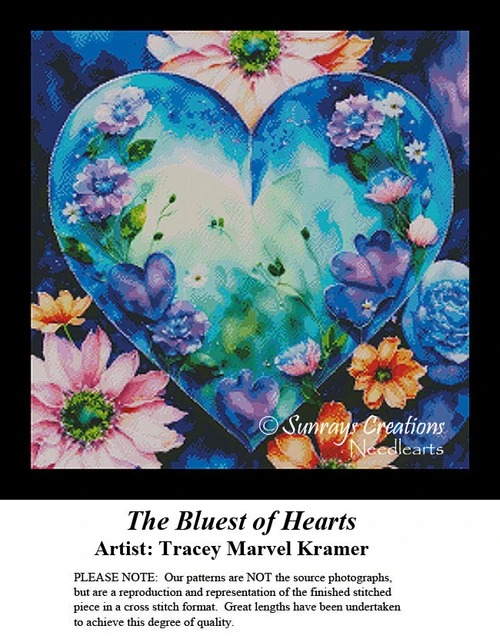 A blue heart surrounded by warm flowers with violet petals, available as a PDF pattern for counted cross stitch.