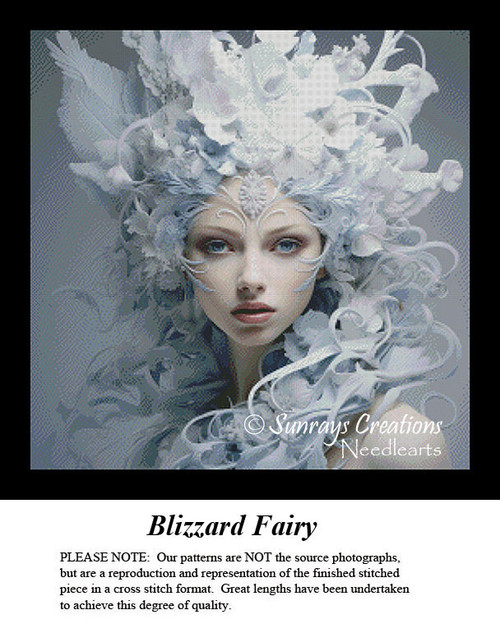 A fairy with icy white hair formed into flowers and spirals gazes forward, part of a large counted cross stitch pattern titled Blizzard Fairy.