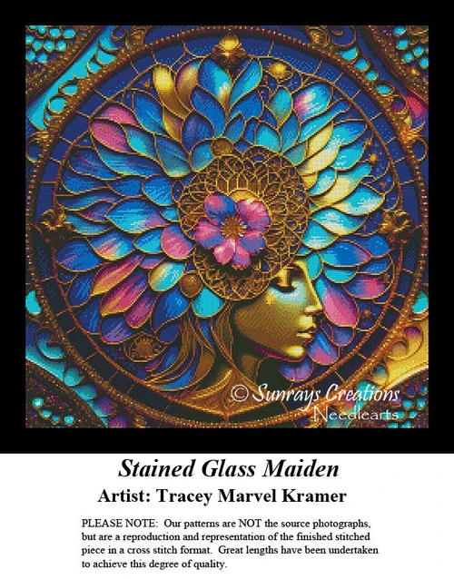An ornate design of a young woman's profile in jewel tones and gold etching, offered as a counted cross stitch pattern.