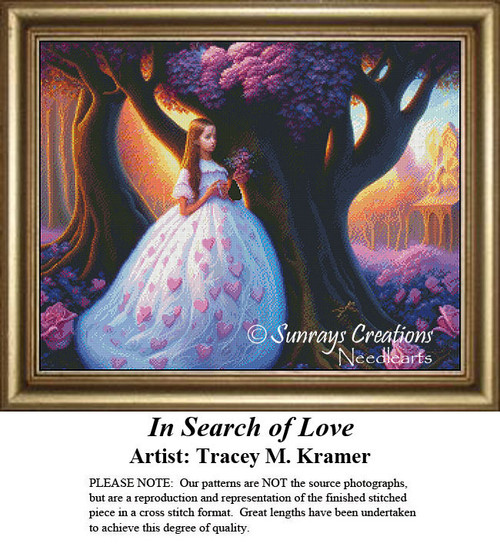 A girl stands under blossoming trees in a white gown with pink hearts, yours to stitch as a counted cross stitch chart.