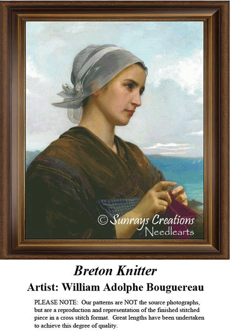 A woman with a white headscarf focuses intently on her knitting, depicted in a classic style, available as a counted cross stitch pattern.