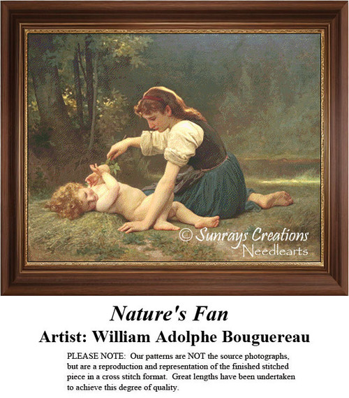 A mother fans her child with leaves in a lush garden scene, designed as a downloadable pattern from the artwork of William Adolphe Bouguereau.