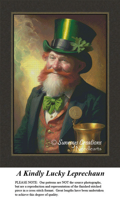 A dapper leprechaun with fiery red hair and a green derby smiles cheerfully, available as a counted cross stitch pattern.