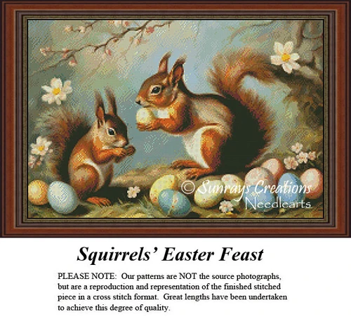 Two squirrels feast on pastel Easter eggs near a blossoming tree in this downloadable pattern, perfect for a spring-themed cross stitch project.