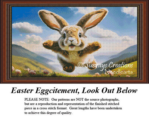 A large counted cross stitch pattern of a joyful bunny soaring through the sky, eagerly anticipating Easter and the festivities it brings.