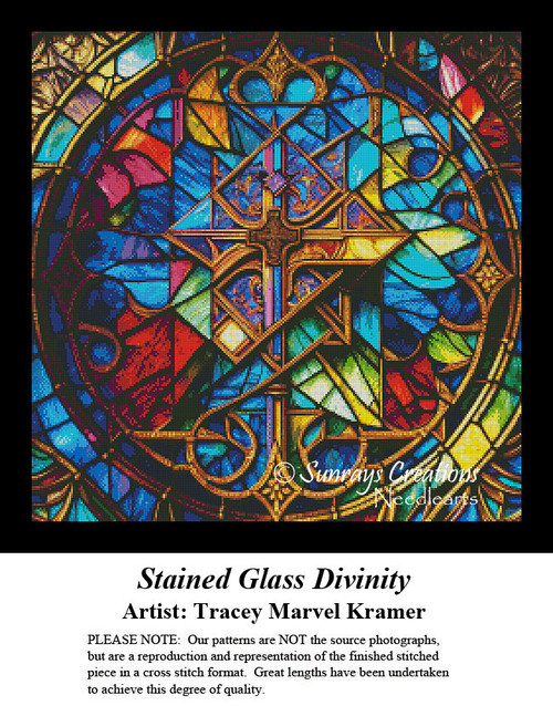 A Christ-centered cross surrounded by vibrant colors reminiscent of stained glass, presented as a counted cross stitch design by Tracey Marvel Kramer.