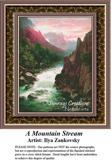 A strong emerald river flows through red-hued mountains with lush green vegetation, formed into a cross stitch design by Ilya Zankovsky.