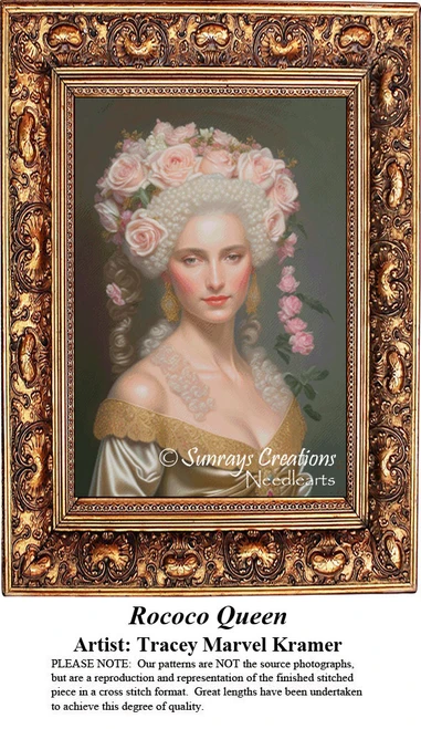 A Rococo-themed woman with a powdered wig adorned with pink roses, designed as an xstitch design, set against a soft gray background.