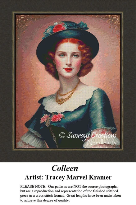 A portrait of a woman named Colleen, wearing a stylish hat adorned with flowers, designed as an xstitch kit by Tracey Marvel Kramer.
