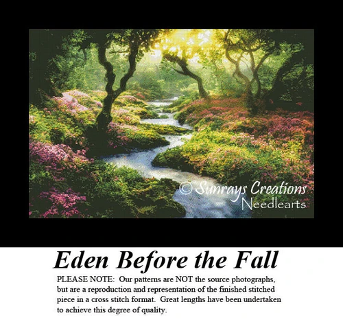 A sunlit landscape with trees and flowering plants surrounds a winding stream, immortalized as a counted cross stitch pattern.
