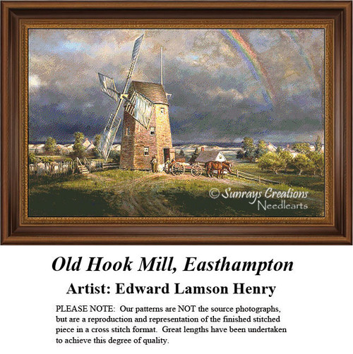 A windmill stands against a stormy sky, with a double rainbow above, in this large cross stitch pattern by Edward Lamson Henry.