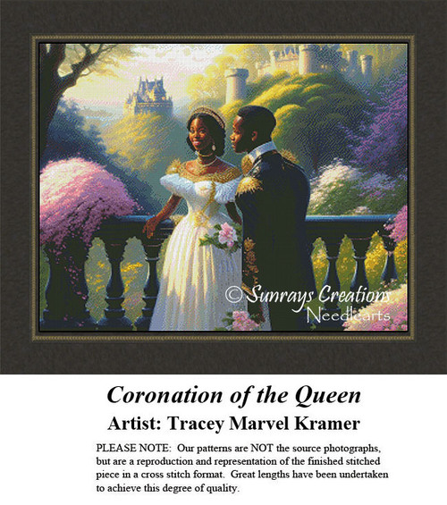 A Queen in a flowing white gown stands on a castle balcony with her consort, surrounded by vibrant flowers in this counted cross stitch kit.