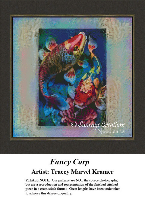 Two colorful fancy carp swim in dark blue water, waiting as your next cross stitch project.