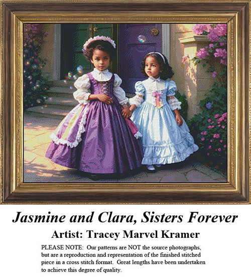 Two girls dressed in Victorian attire stand hand in hand, surrounded by flowers and bubbles, perfect for a delightful cross stitch project.
