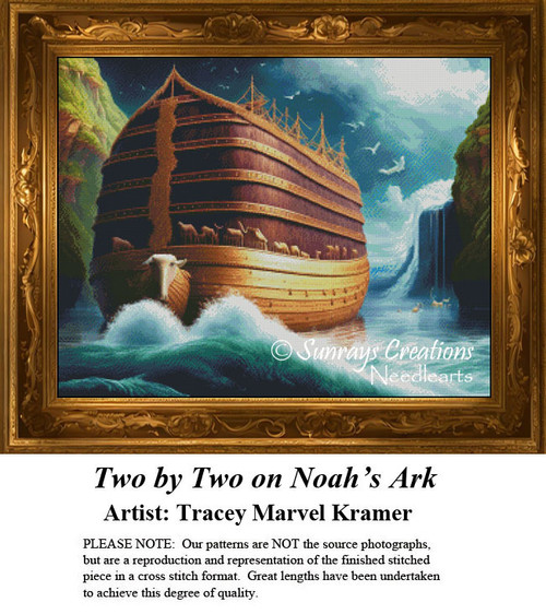A large ark floats on turbulent waters, with animals entering two by two, designed as a BAP cross stitch pattern by Tracey Marvel Kramer.