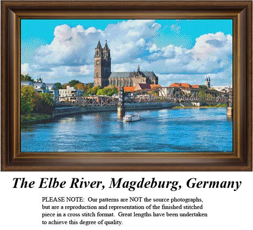 A serene view of the Elbe River under a blue sky, with clouds above, a bridge crossing the river, and a historic cathedral, in a xstitch design.