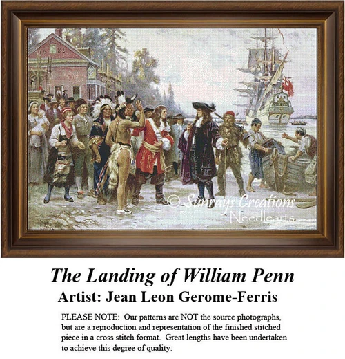 William Penn stands on the shore, greeted by townspeople and Native Americans, depicted as a counted cross stitch kit.