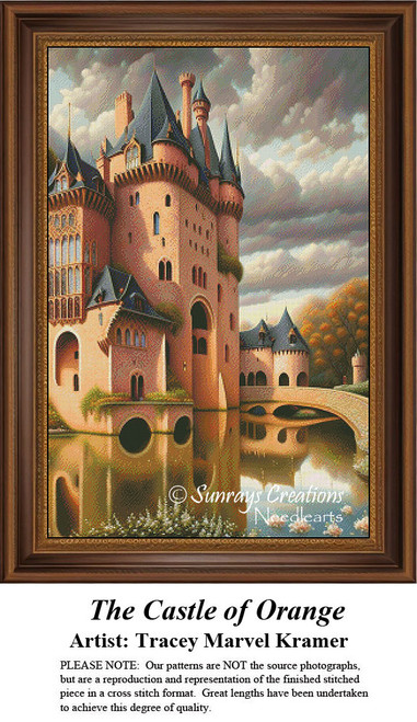 A tall castle with orange hues rests beside a still moat, surrounded by trees, designed as a PDF chart by Tracey Marvel Kramer for cross stitch.